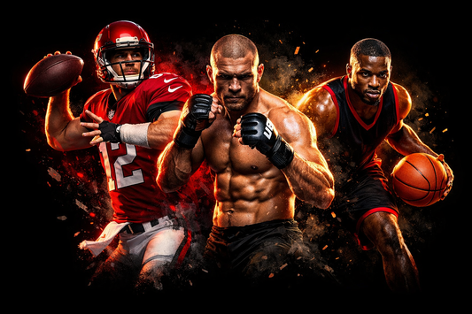 Three athletes in sports attire with a dark background