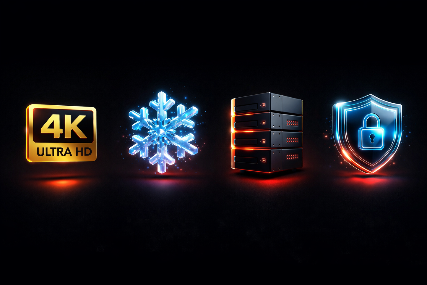 Set of icons including 4K Ultra HD, snowflake, server, and shield with lock on a dark background.
