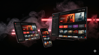 Smart TV, tablet, and smartphone displaying a streaming platform interface on a dark background.