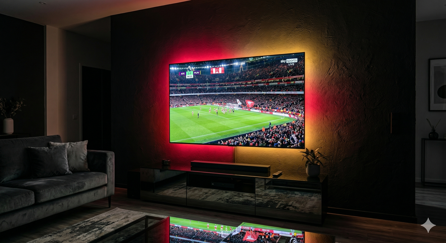 Living room with a large TV screen displaying a sports event, surrounded by decorative lighting.