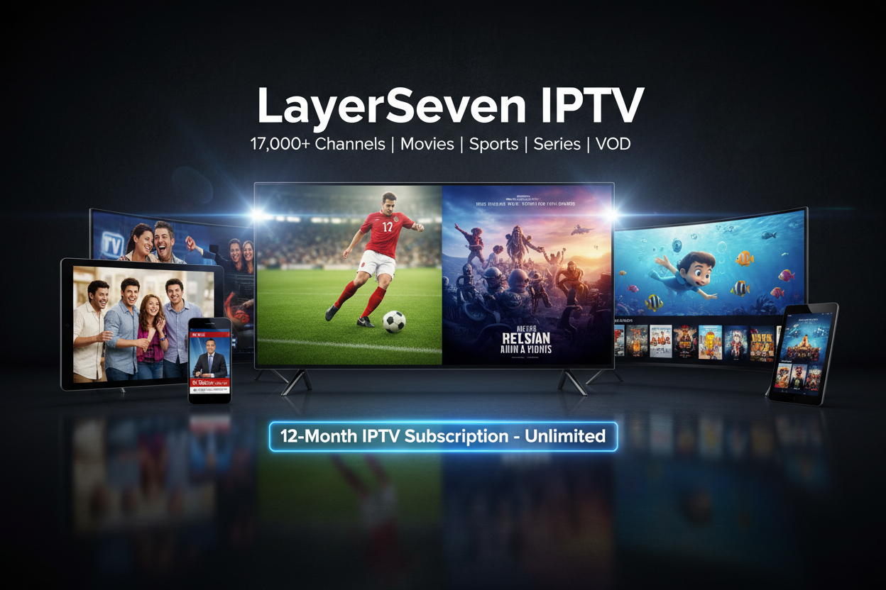 Create a high-impact IPTV product image for the brand LayerSeven IPTV.

Main Visual Scene:

Multiple TV screens and device mockups showing streaming content

Include glimpses of live sports, movie posters, TV shows, news, kids channels

Screens must look active and full — not blank

Brand Identity:

Bold centered logo text: LayerSeven IPTV

Sub-headline directly under it:
17,000+ Channels | Movies | Sports | Series | VOD

Product Highlight Banner Text (visible + readable):
12-Month IPTV Subscription
Unlimit