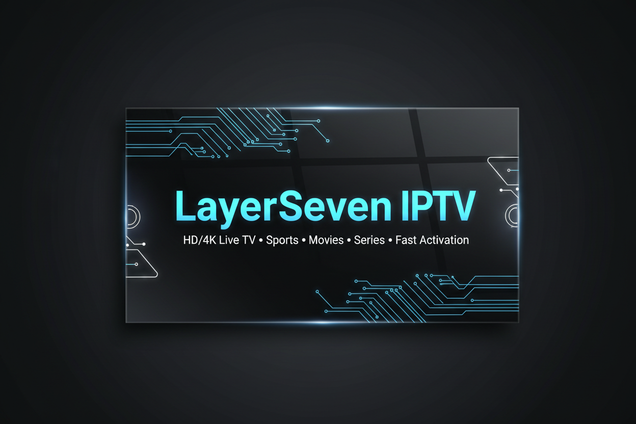 Generate a modern IPTV product display image for the brand LayerSeven IPTV.
Theme style: Black/Dark Grey background with Electric Blue accents + glowing digital lines.
Include brand name text clearly at the center: “LayerSeven IPTV”.
Add a clean sub-text under it (not too large):
HD/4K Live TV • Sports • Movies • Series • Fast Activation
Add a light tech-circuit or digital glow visual behind or around the text — no clutter, premium feel.
Should look like a product card / hero image suitable for Shopify prod